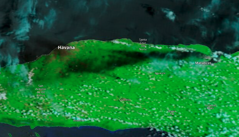 MODIS data image of burning oil tanks releasing smoke in Cuba, August 2022.
