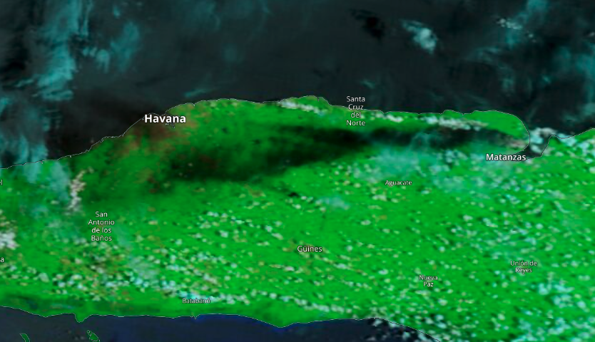 Worldview MODIS data image of burning oil tanks releasing smoke in Cuba, August 2022. MODIS data image of burning oil tanks releasing smoke in Cuba, August 2022.