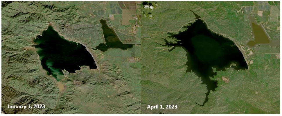 This Harmonized Landsat Sentinel-2 image pair compares  the San Luis Reservoir in California on January 1, 2023 and on April 1, 2023.