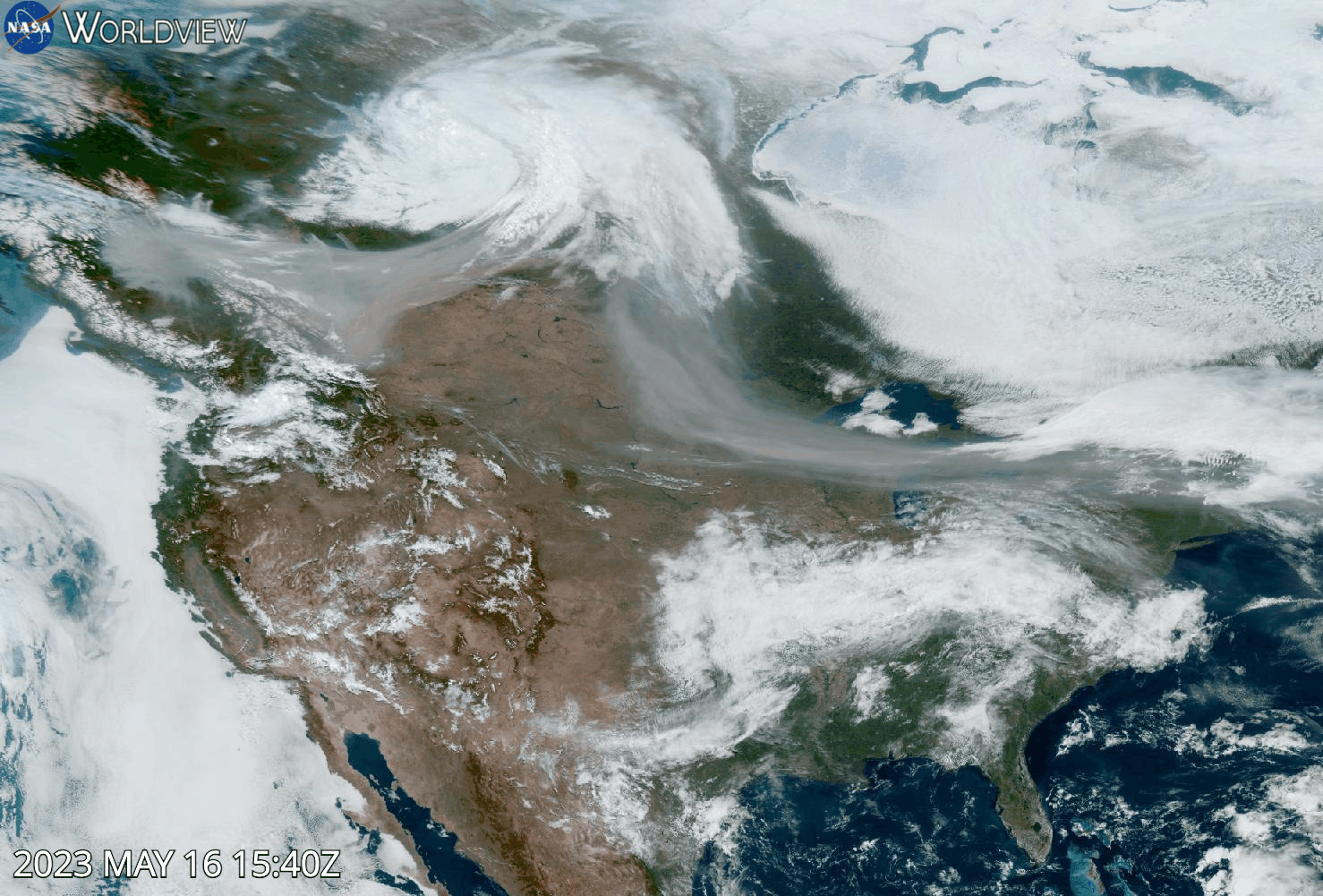 GeoColor animation of smoke from fires in Canada blowing across North America on 16 May 2023 from the ABI instrument aboard the GOES-East satellite