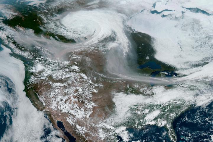 GeoColor image of smoke from fires in Alberta and British Columbia, Canada blowing across North America on 16 May 2023 from the ABI instrument aboard the GOES-East satellite