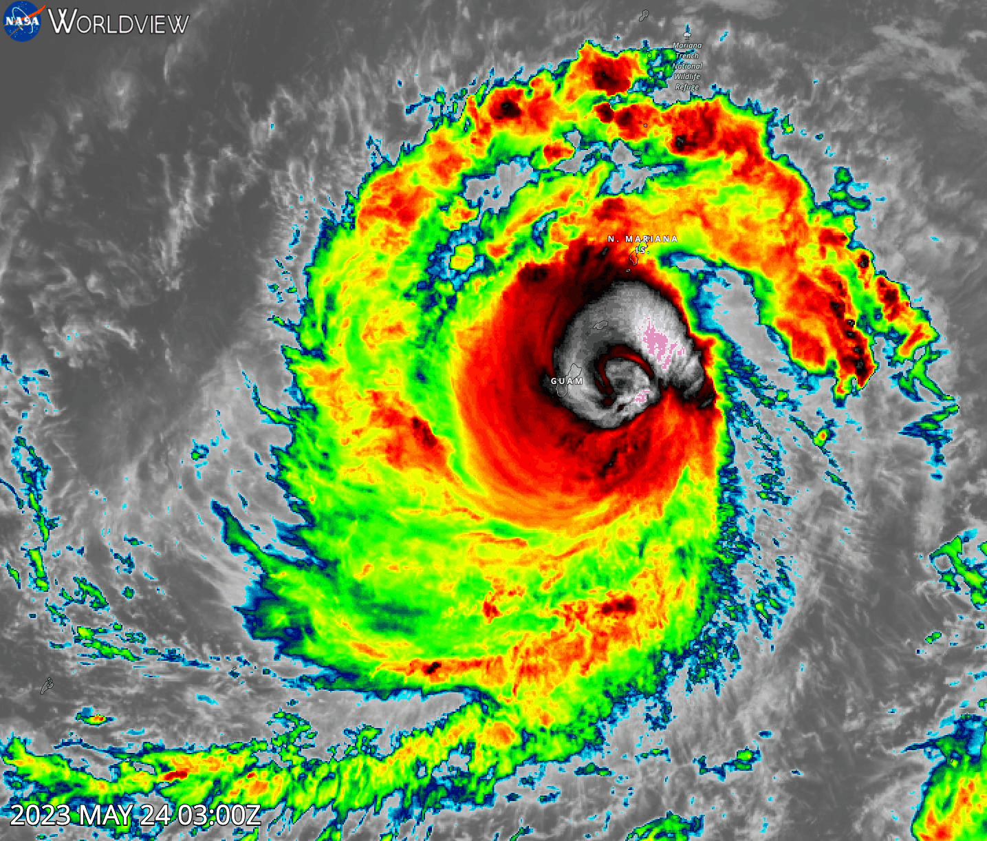 Super Typhoon Mawar over Guam on 24 May 2023 from the AHI instrument aboard the Himawari-8 satellite
