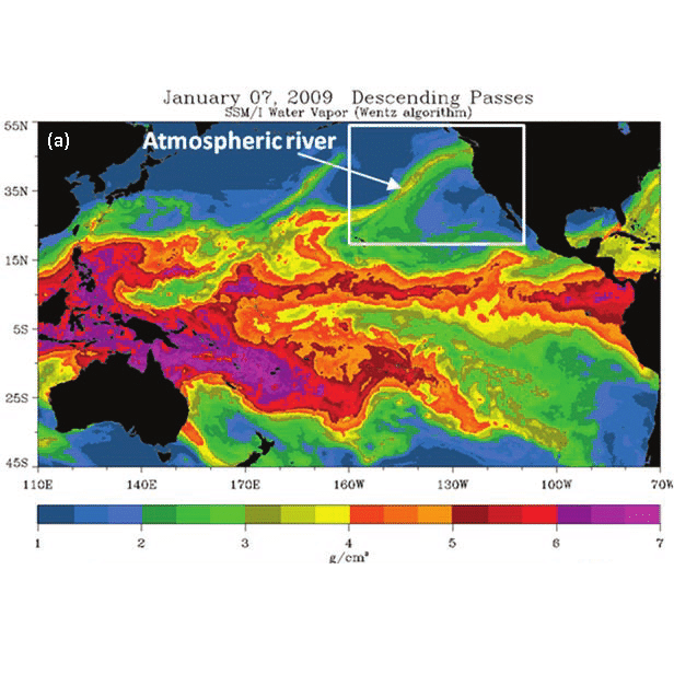 The image above shows an SSM/I from the SSM/I constellation on 7 Jan 2009 (from 1200 to 2359 UTC). A flood-producing atmospheric river is shown impacting the Washington coast.