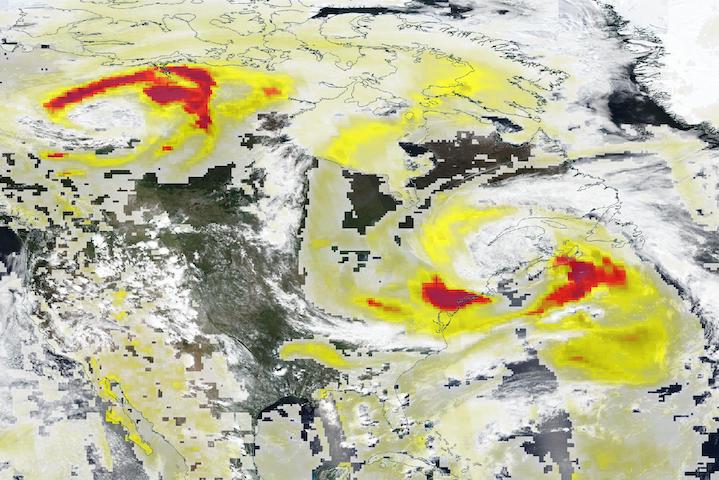 Areas of high aerosol index from fires in Canada on 7 June 2023 from the VIIRS and OMPS instruments aboard the joint NASA/NOAA Suomi NPP satellite