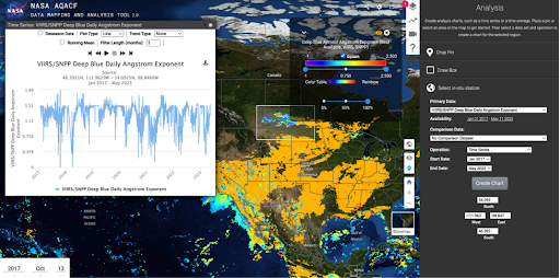 Air Quality Analytic Collaborative Framework (AQACF) Data Mapping Tool showing VIIRS/SNPP Deep Blue Daily Angstrom Exponent from 2017-May 2023 for Northern Plains region in the U.S.