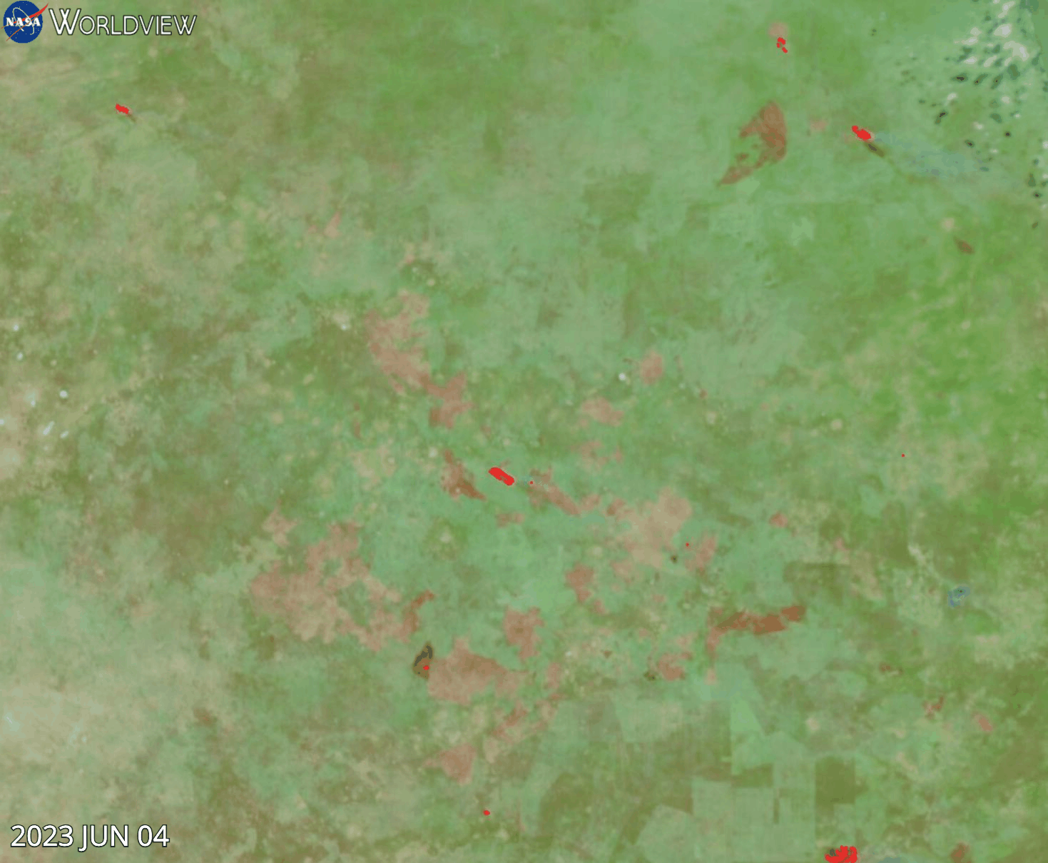 False-color animation of fires and burn scars in Botswana for 4 - 14 June 2023 from the VIIRS instrument aboard the Suomi NPP satellite