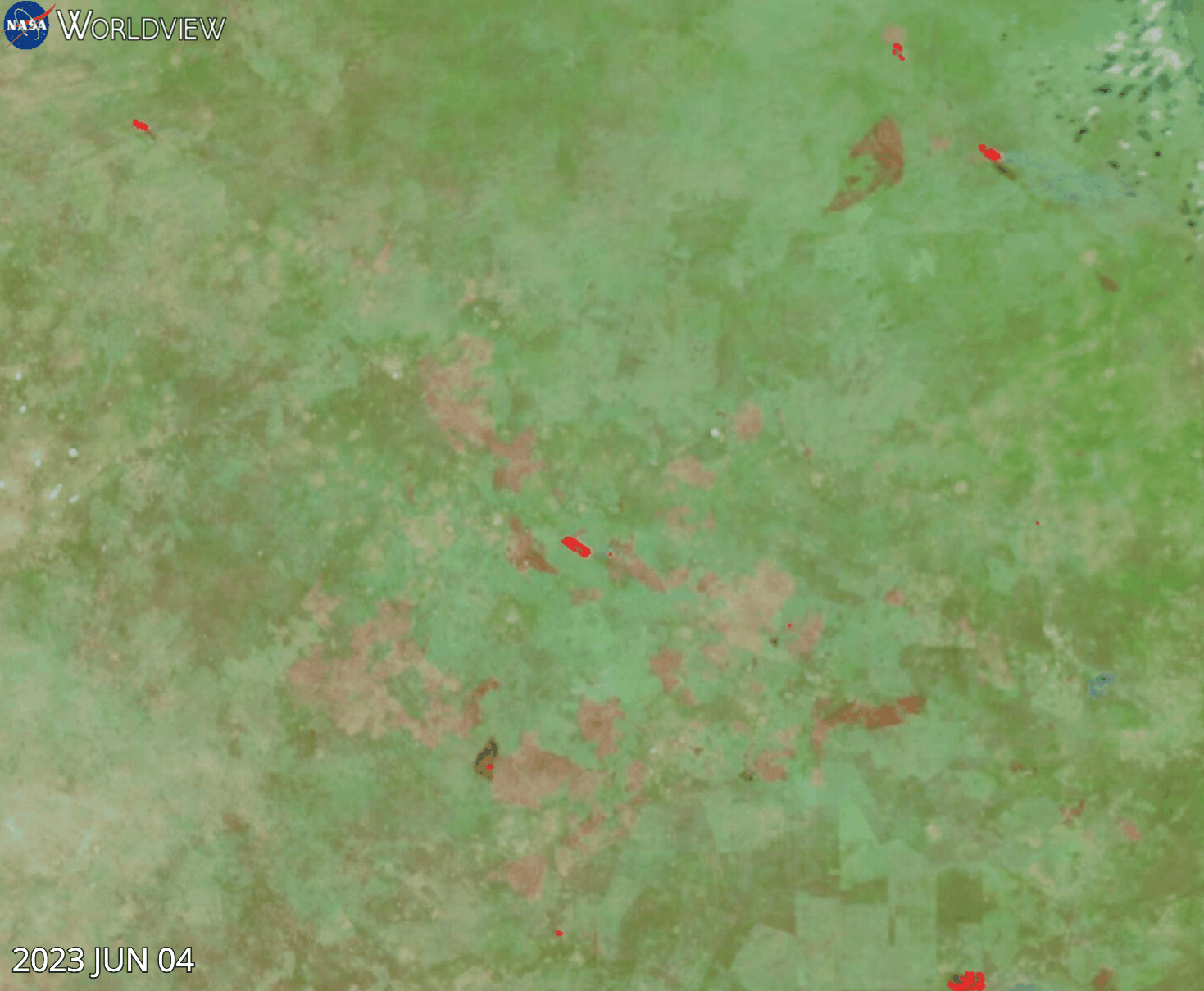 False-color animation of fires and burn scars in Botswana for 4 - 14 June 2023 from the VIIRS instrument aboard the Suomi NPP satellite False-color animation of fires and burn scars in Botswana for 4 - 14 June 2023 from the VIIRS instrument aboard the Suomi NPP satellite