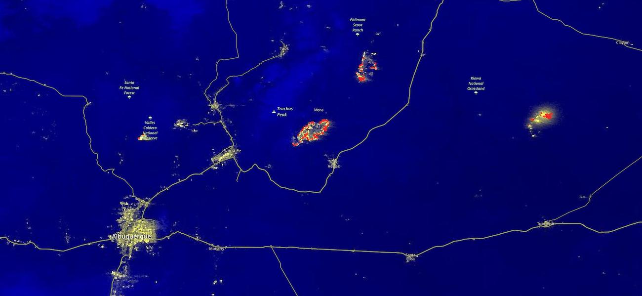 Calf Canyon and Hermits Peak Fires in New Mexico on 23 April 2022 from VIIRS instrument aboard Suomi NPP satellite Calf Canyon and Hermits Peak Fires in New Mexico on 23 April 2022 from VIIRS instrument aboard Suomi NPP satellite