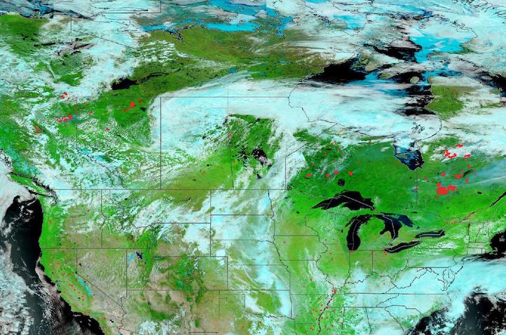 False color image of fires burning across Canada on 21 June 2023 from the VIIRS instrument aboard the joint NASA/NOAA Suomi NPP Satellite