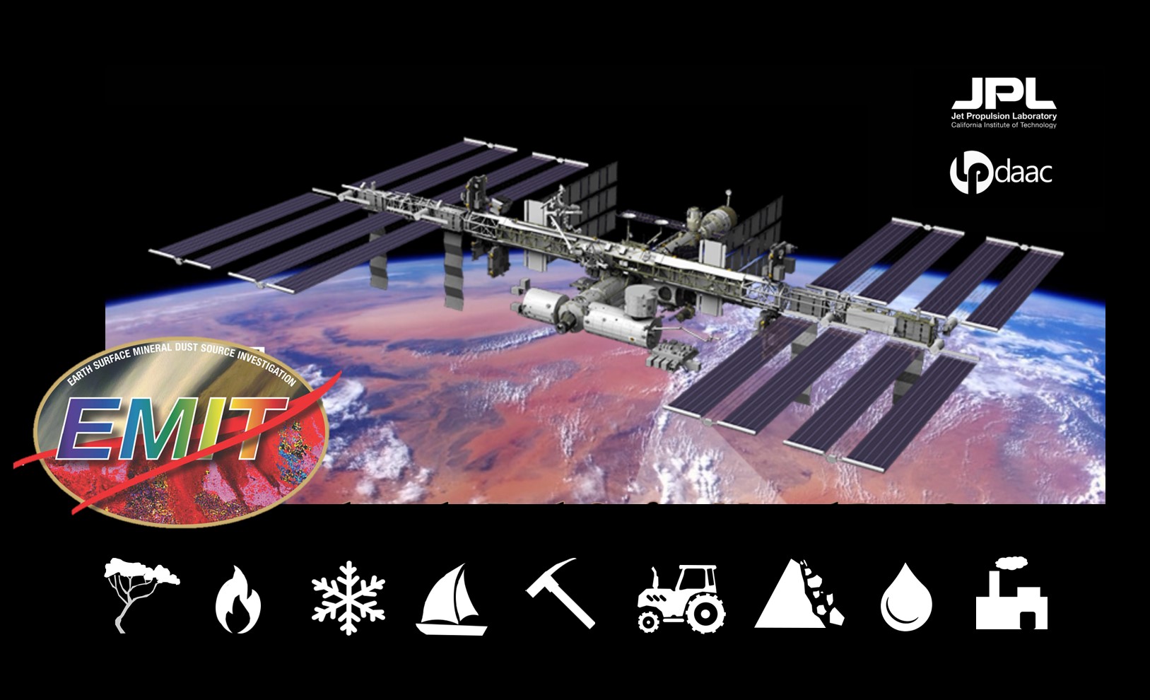 This webinar banner image shows the  International Space Station with NASA Earth Surface Mineral Dust Investigation (EMIT) sensor viewing Earth from space with EMIT logo in lower left and silhouetted pictograms representing applications of EMIT data, including forestry and biodiversity, fire, snow and ice, near shore water quality and algal blooms, geology, agricultural, landslides and natural hazards, water, and greenhouse gas emissions.