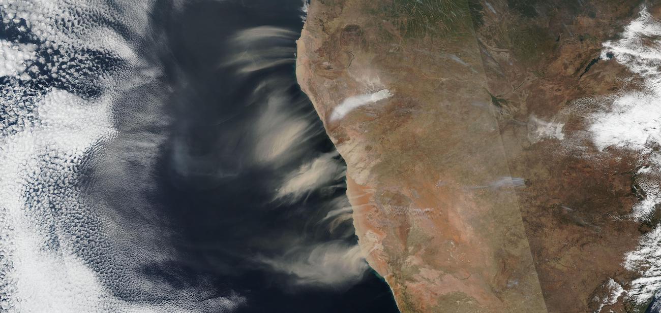 Image of blowing dust and salt in Namibia on 11 July 2023 from the VIIRS instrument aboard the joint NASA/NOAA Suomi NPP satellite. Image of blowing dust and salt in Namibia on 11 July 2023 from the VIIRS instrument aboard the joint NASA/NOAA Suomi NPP satellite.