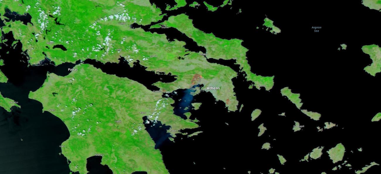 False color image of fires and burned areas in Greece on 19 July 2023 from the VIIRS instrument aboard the joint NASA/NOAA NOAA-20 satellite False color image of fires and burned areas in Greece on 19 July 2023 from the VIIRS instrument aboard the joint NASA/NOAA NOAA-20 satellite