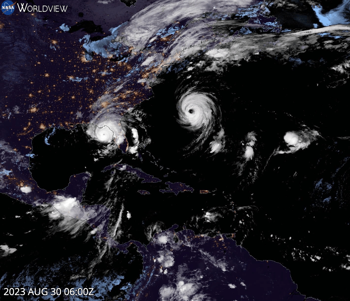 GeoColor image of Hurricane Idalia and Hurricane Franklin on Aug 30 6:00 to Aug 31 4:00 UTC from the ABI instrument on the GOES-East satellite.