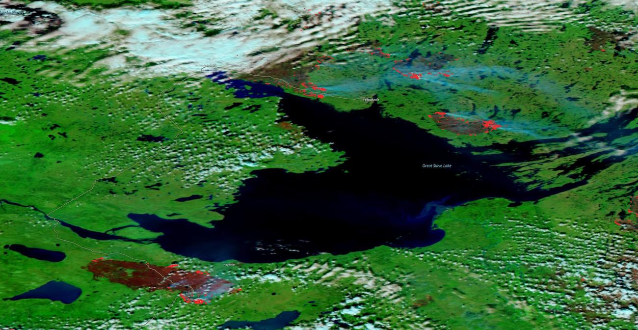 Fires near Yellowknife and Hay River, Northwest Territories, Canada on 16 August 2023 from the VIIRS instrument aboard the joint NASA/NOAA NOAA-20 satellite