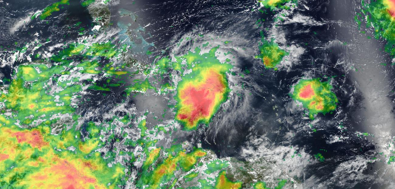 Tropical Storm Franklin over the Dominican Republic shown on a True color corrected reflectance image from the VIIRS instrument aboard joint NASA/NOAA Suomi NPP satellite overlaid with IMERG Precipitation Rate