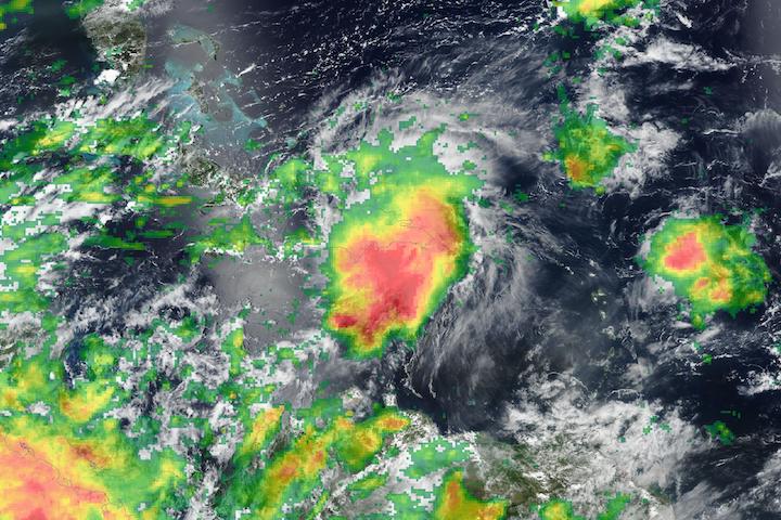 Tropical Storm Franklin over the Dominican Republic shown on a True color corrected reflectance image from the VIIRS instrument aboard joint NASA/NOAA Suomi NPP satellite overlaid with IMERG Precipitation Rate