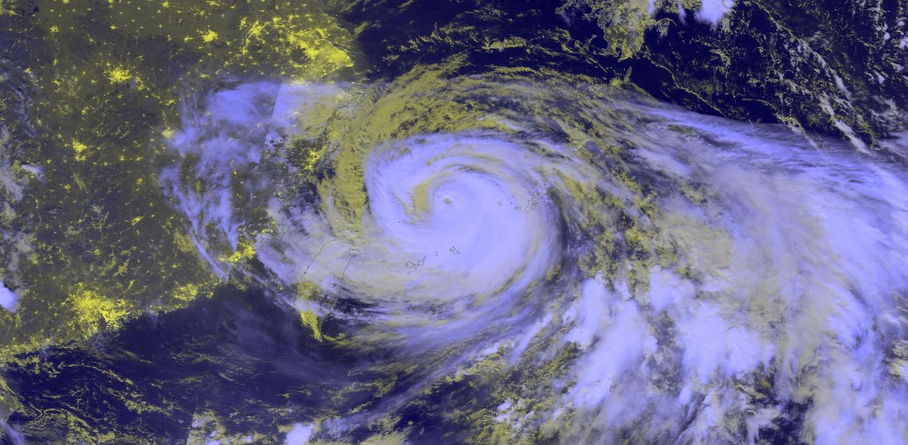 Blue/Yellow night time composite image of Typhoon Khanun on 2 August 2023 from the VIIRS instrument aboard the joint NASA/NOAA Suomi NPP satellite