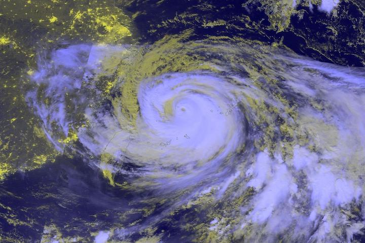 Blue/Yellow night time composite image of Typhoon Khanun on 2 August 2023 from the VIIRS instrument aboard the joint NASA/NOAA Suomi NPP satellite