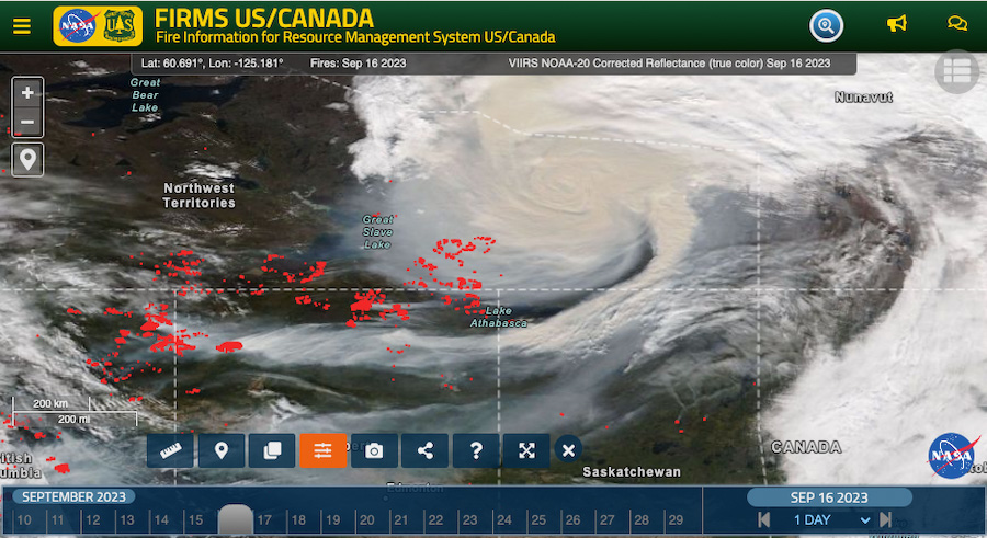 NASA FIRMS US/Canada image of fires and smoke in the Northwest Territories of Canada on September 16, 2023. 