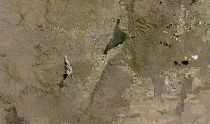 Reflectance (Nadir BRDF-adjusted) image of a wildfire and smoke to the west of Villa Carlos Paz in Cordoba Province, Argentina from the MSI instrument aboard the ESA (European Space Agency) Sentinel-2A and -2B satellites. 