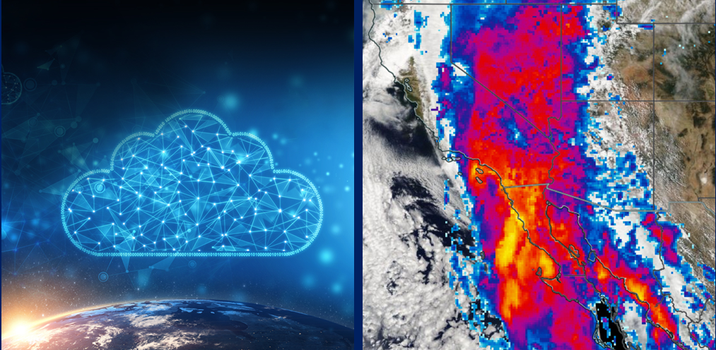 This webinar banner image has a cloud computing image on the left and an extreme precipitation image for California in the summer of 2023 on the right