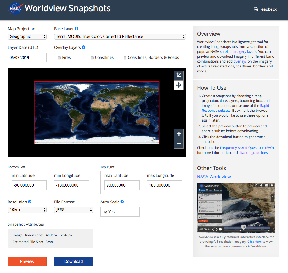A screenshot of the Worldview Snapshots page.