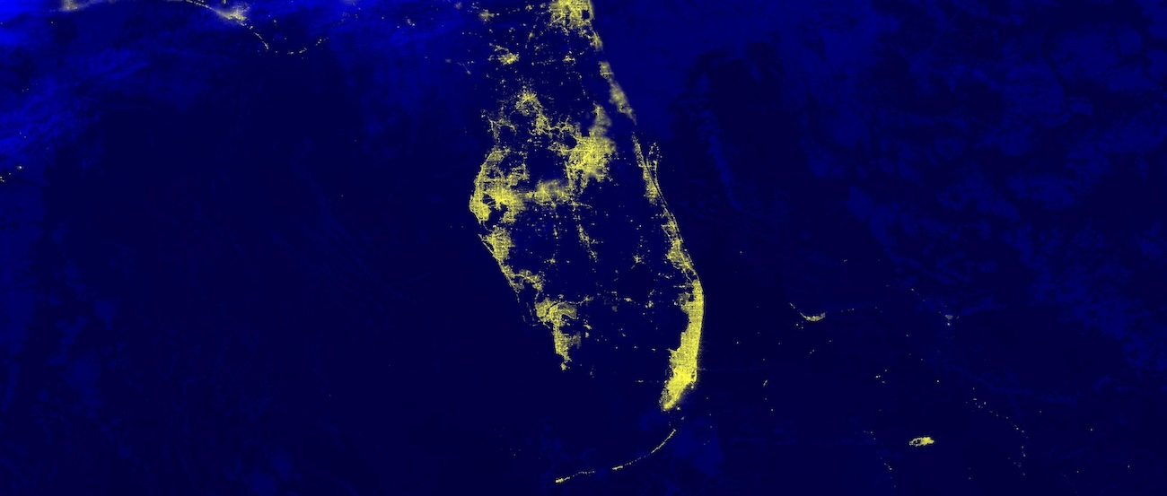 Black Marble Nighttime Blue/Yellow Composite (Day/Night Band) of Florida on 21 November 2023 from the VIIRS instrument aboard the Suomi NPP satellite