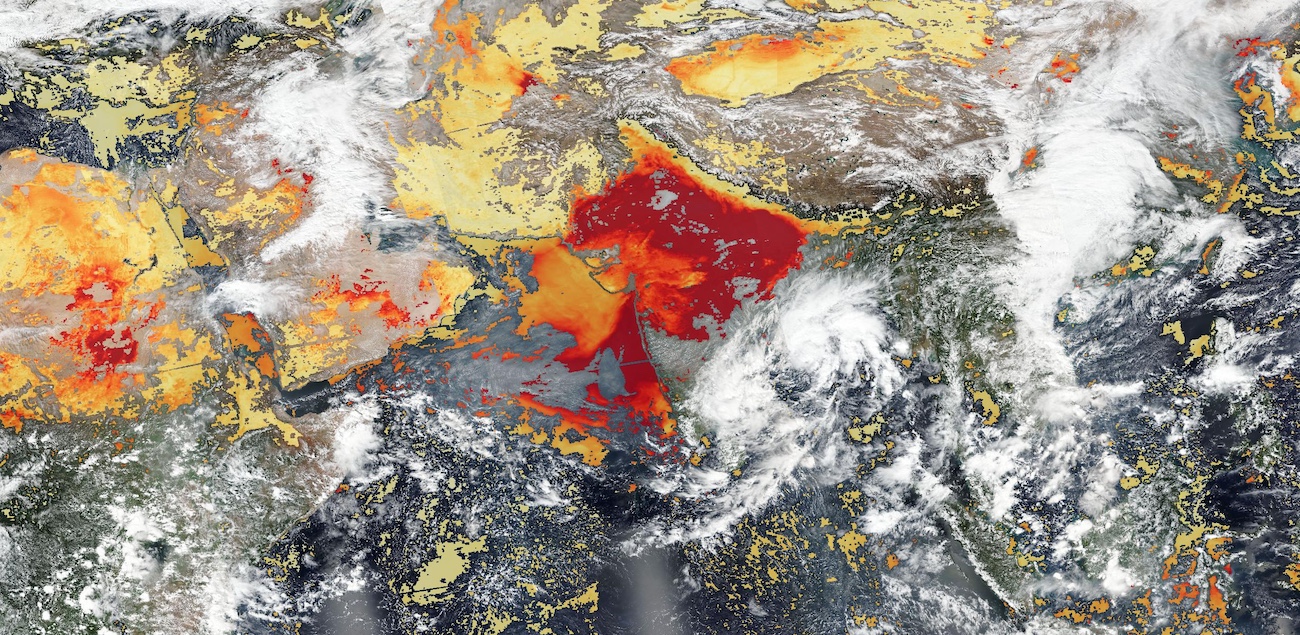 True color corrected reflectance image overlaid with aerosol optical thickness showing high aerosol optical depth over India on 15 November 2023 from the VIIRS instrument aboard the joint NASA/NOAA Suomi NPP satellite