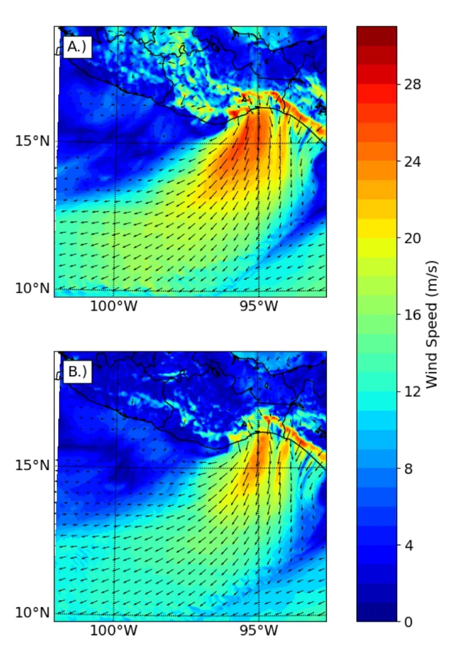 Two Model simulations of a storm-force Mountain Gap Wind event over the Gulf of Tehuantepec. 