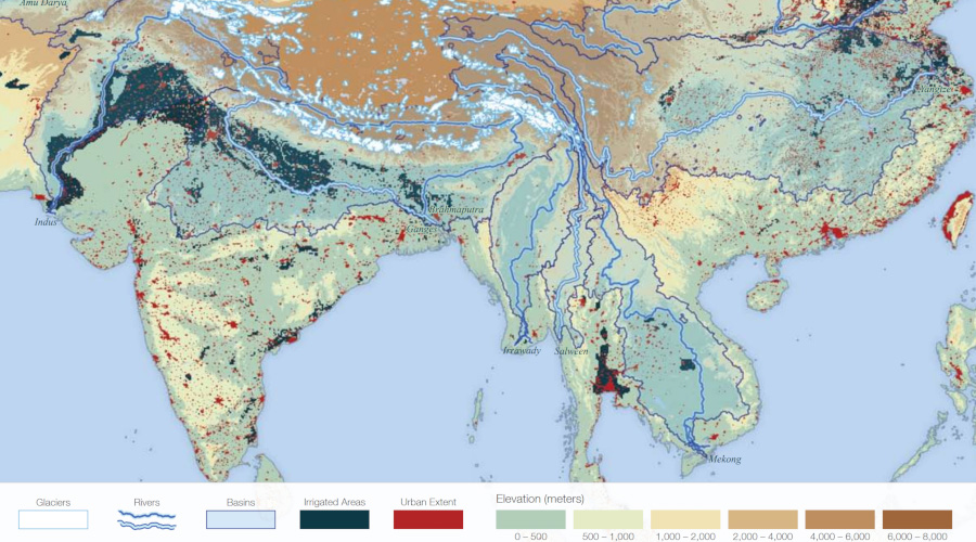 SEDAC webinar banner image shows variables such as urban extent, elevation, irrigated areas, glaciers, basins, and  rivers. 