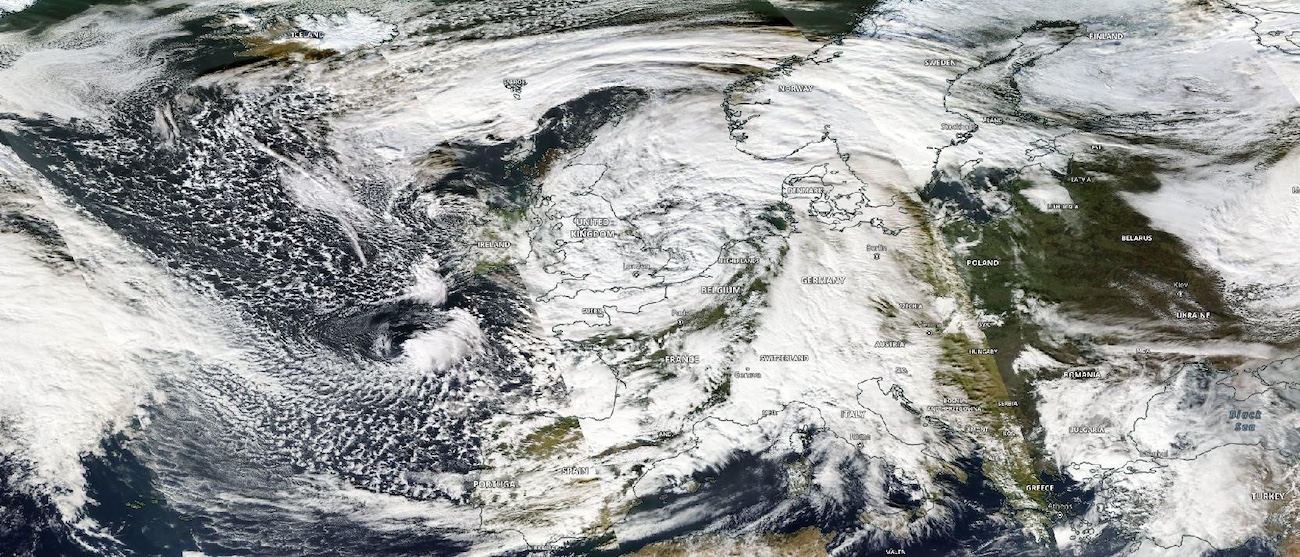 True color corrected reflectance image of Storm Ciaran over western Europe on 2 November 2023 captured by the MODIS instrument aboard the Aqua satellite