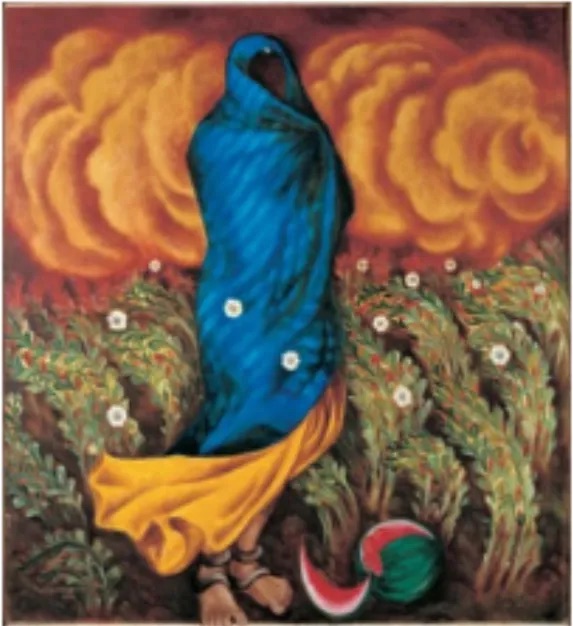 Painting of a figure shrouded in blue standing in front of an orange sky