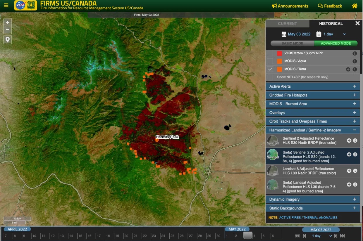 Screenshot of NASA’s Fire Information for Resource Management System (FIRMS)
