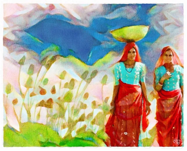 Colorful painting of two women walking in blue shirts and red skirts, one carrying a basked on her head