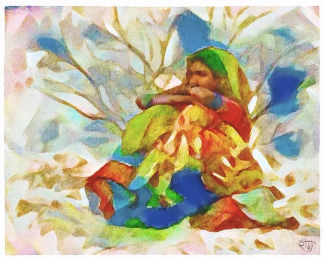 Colorful painting of a woman sitting
