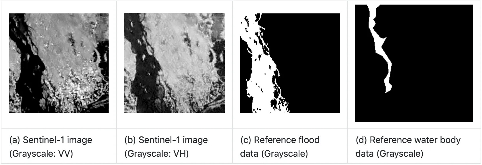 Four sequential black-and-white images, the first two showing satellite images, and the second two showing reference data
