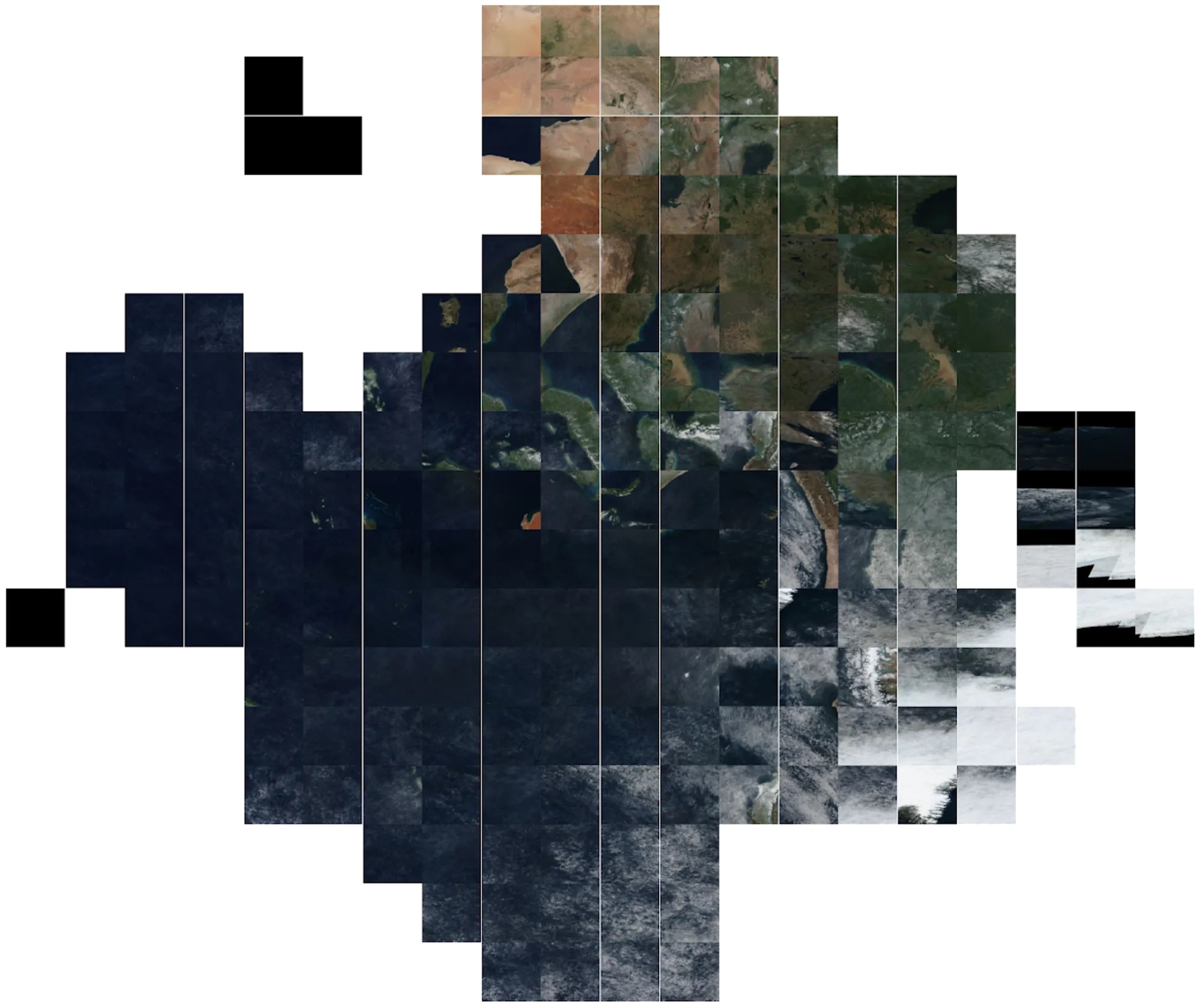 A 2 dimensional t-SNE visualization of how the self supervised learner represents satellite imagery from NASA GIBS