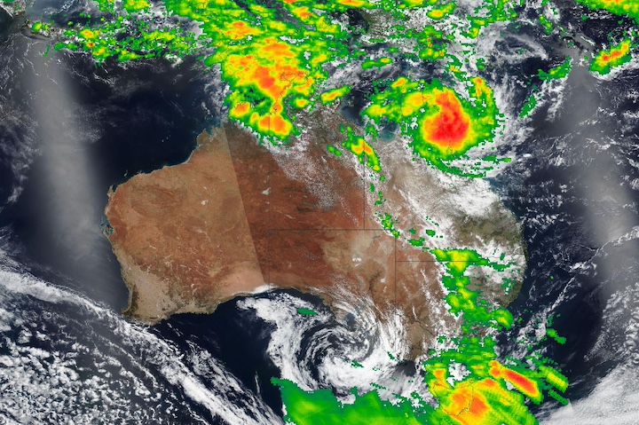 Tropical Cyclone Jasper crosses over Queensland in Australia on 13 December 2023 from the VIIRS instrument aboard the joint NASA/NOAA Suomi NPP satellite overlaid with IMERG Precipitation Rate