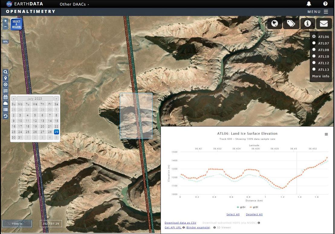 An image of the Grand Canyon in OpenAltimetry that shows the satellite tracks, acquisition points, and, inset, a graphic depicting the change in land surface elevation across the tracks.
