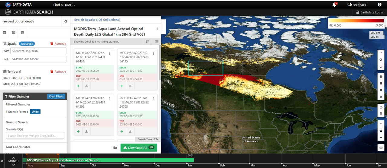 Earthdata Search Aerosol Optical Depth for Yellowknife fires, Canada, 2023