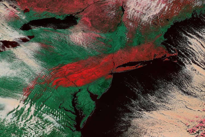 False color reflectance image of snow over Eastern US on 14 February 2024 from the VIIRS instrument aboard the NOAA-20 satellite