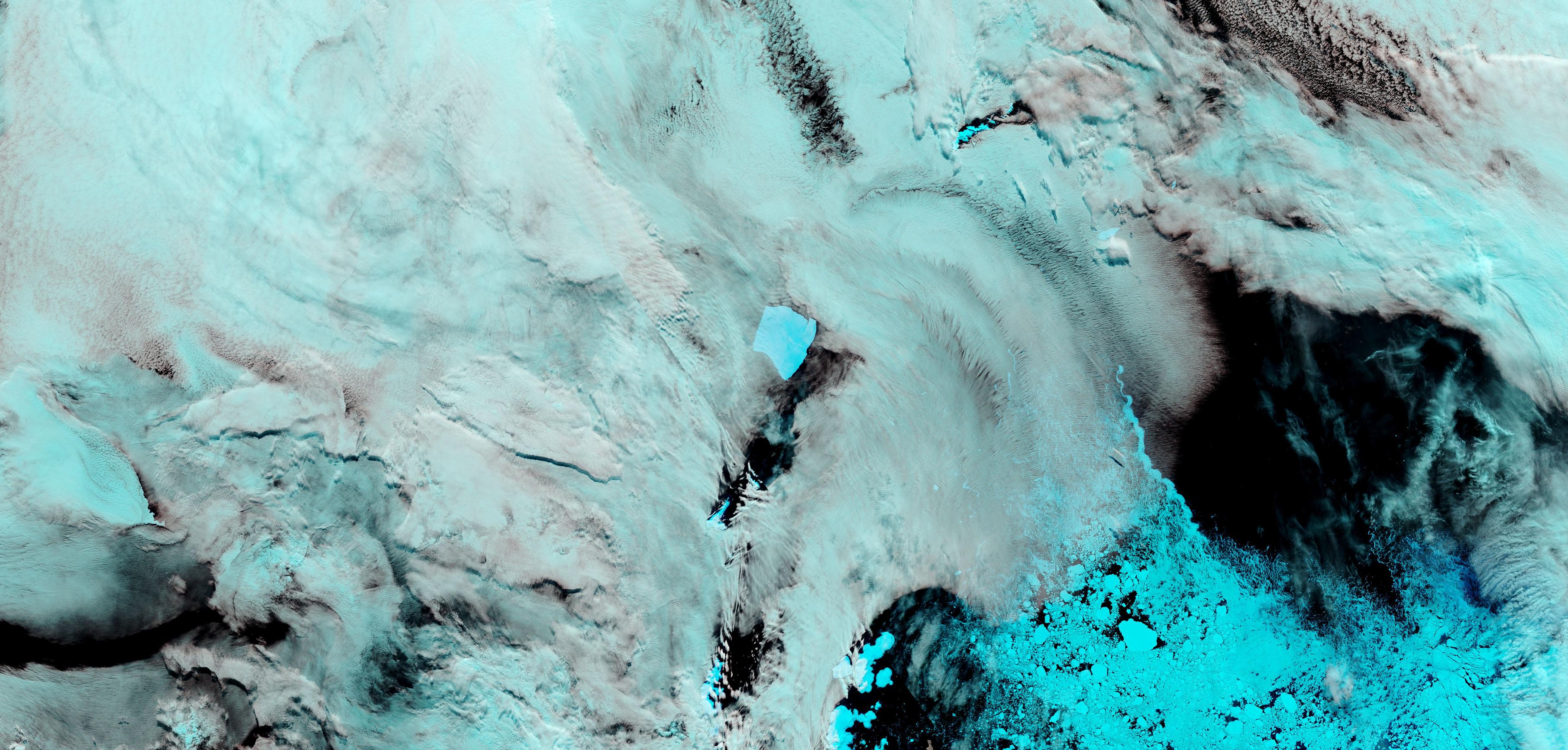 False-color corrected reflectance image of iceberg A23a in Antarctica, captured on Feb 27, 2024, by the MODIS instrument aboard NASA's Terra satellite.