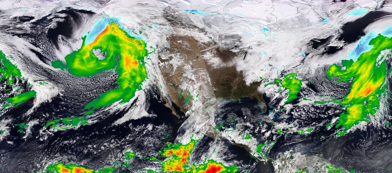Image of an Atmospheric River hitting the US West Coast on 31 January 2024 displaying IMERG Precipitation Rate overlaid on true-color reflectance image from the VIIRS instrument aboard the NOAA-20 satellite 