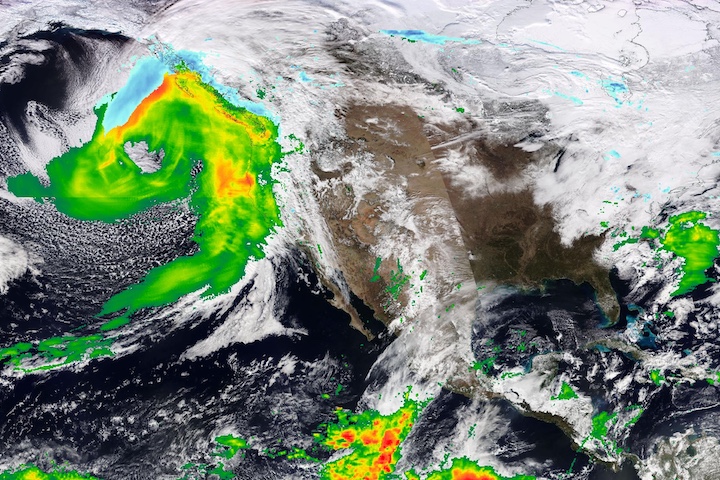 Image of an Atmospheric River hitting the US West Coast on 31 January 2024 displaying IMERG Precipitation Rate overlaid on true-color reflectance image from the VIIRS instrument aboard the NOAA-20 satellite 