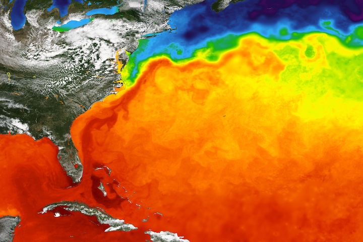 GHRSST Sea Surface Temperature showing the Gulf Stream of the Atlantic Ocean on 29 May 2024