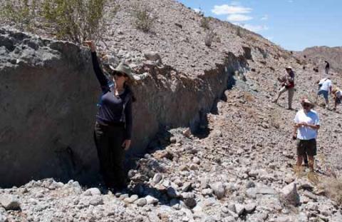 Photograph of geologists measuring the surface rupture caused by the El Indiviso Fault after the El Mayor-Cucapah earthquake.