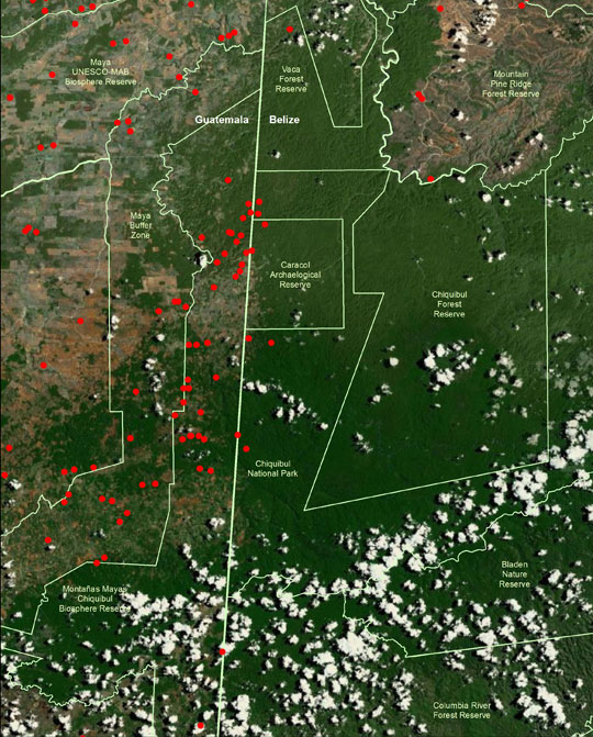 Data map showing fire hotspots in the Chiquibul National Park