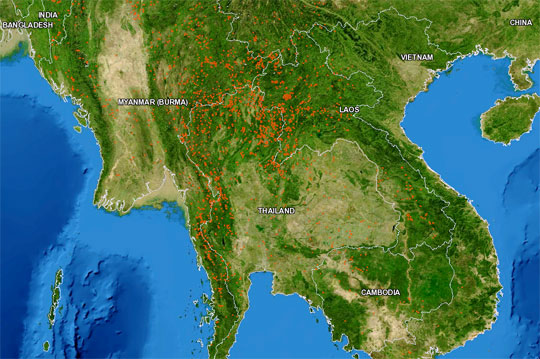 Data image showing fire hotspots in Southeast Asia