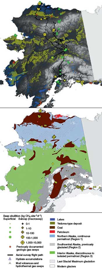 Data maps of Alaska showing methane seeps and geologic features associated with them