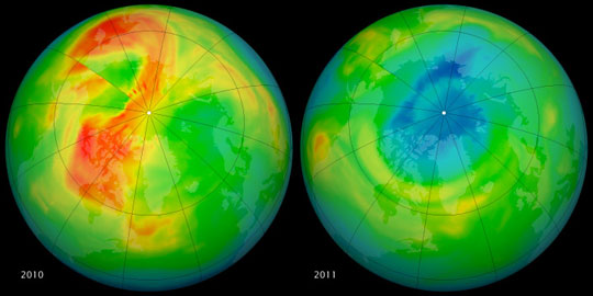 Data image showing total ozone levels over the Arctic in 2010 and 2011